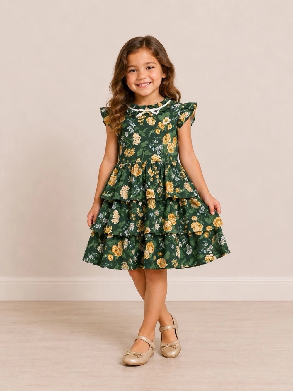 Janie and Jack Green Floral Tiered Ruffle Cotton Dress Girls Size 4